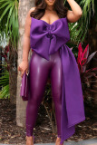Purple Sexy Solid Patchwork Asymmetrical With Bow Strapless Tops
