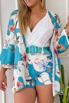 Blue Casual Print Patchwork With Belt V Neck Long Sleeve Three Piece Set