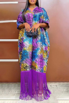 Purple Casual Print Tassel V Neck Straight Dresses