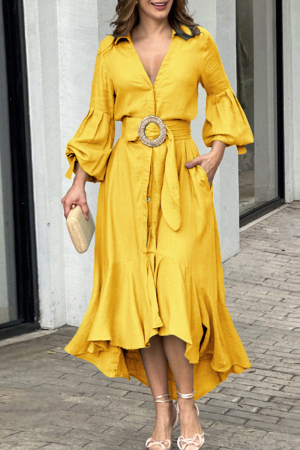 Yellow Casual Solid Patchwork With Belt V Neck Long Sleeve Dresses