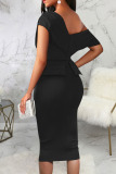 Black Sexy Solid Patchwork Oblique Collar One Step Skirt Dresses