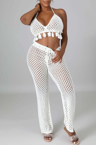 White Sexy Solid Bandage Hollowed Out Backless Halter Sleeveless Two Pieces
