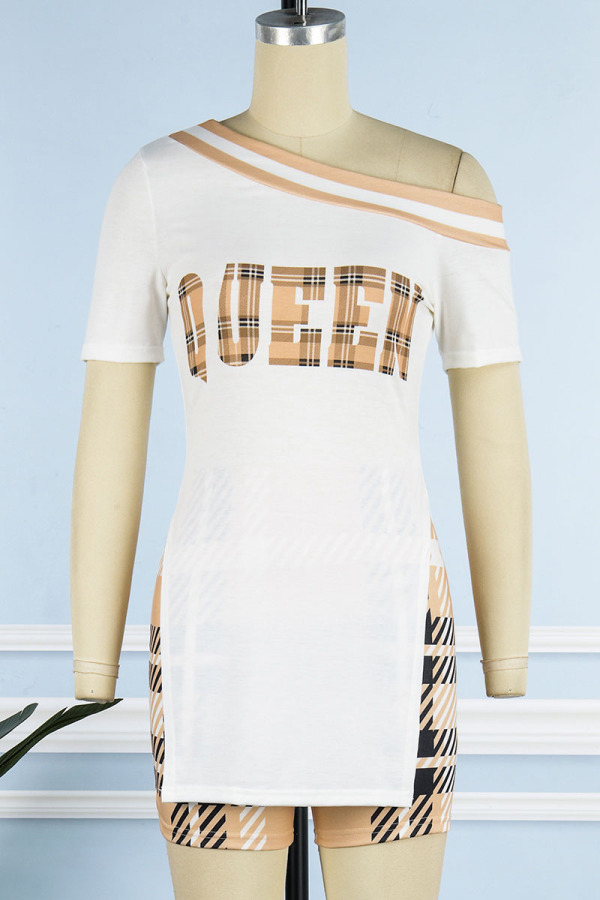 Casual Vintage Geometric Print Patchwork Oblique Collar Short Sleeve Two Pieces