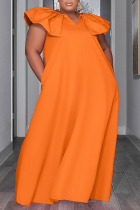 Orange Casual College Solid Patchwork V Neck Straight Plus Size Dresses
