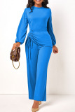 Royal Blue Casual Solid Patchwork Draw String O Neck Straight Jumpsuits