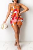 Orange Sexy Print Patchwork Backless Strapless Sleeveless Dress Dresses