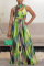 Green Casual Vacation Basis Gradual Change Hollowed Out Printing O Neck Sleeveless Two Pieces