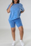 Sky Blue Casual Tie Dye Basic O Neck Short Sleeve Two Pieces
