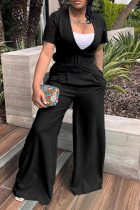 Black Casual Solid With Belt O Neck Boot Cut Jumpsuits