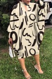 White Black Casual Print Hollowed Out Half A Turtleneck Long Sleeve Dresses