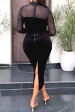 Black Casual Solid Patchwork Slit O Neck One Step Skirt Dresses