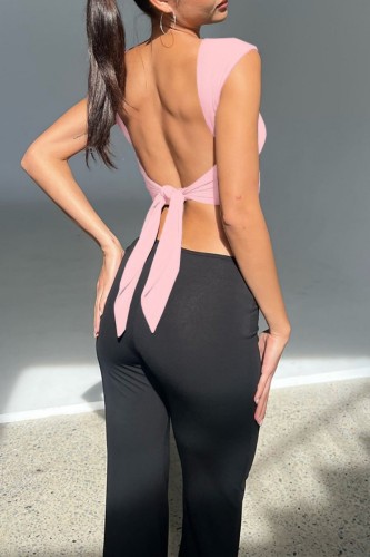 Pink Sexy Casual Solid Bandage Backless O Neck Tops