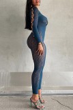 Black Sexy Patchwork Hollowed Out See-through O Neck Skinny Jumpsuits