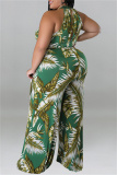 Green Fashion Casual Print Patchwork O Neck Plus Size Jumpsuits