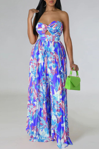 Blue Sexy Print Patchwork Strapless Straight Jumpsuits