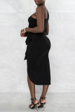 Black Sexy Solid Bandage Patchwork Asymmetrical Oblique Collar Irregular Dress Dresses