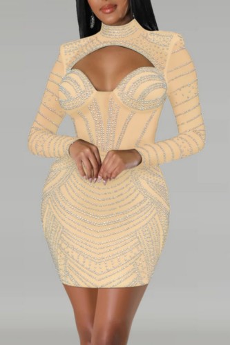 Apricot Sexy Patchwork Hot Drilling Hollowed Out See-through Half A Turtleneck Long Sleeve Dresses