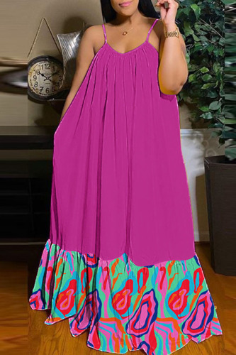 Rose Red Casual Street Print Patchwork Spaghetti Strap Sling Dress Dresses