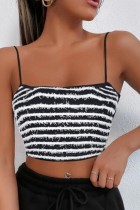 Black Sexy Striped Patchwork Backless Spaghetti Strap Tops