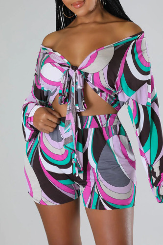 Purple Vacation Print Bandage Patchwork Long Sleeve Two Pieces