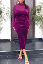 Purple Casual Solid Patchwork Slit O Neck One Step Skirt Dresses