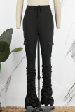 Black Casual Solid Patchwork Fold Skinny High Waist Conventional Solid Color Bottoms