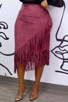 Burgundy Casual Solid Tassel Skinny High Waist Conventional Patchwork Bottoms