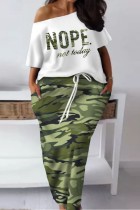 Camouflage Casual Print Basic Oblique Collar Half Sleeve Two Pieces