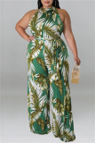 Green Yellow Fashion Casual Print Patchwork O Neck Plus Size Jumpsuits