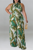Green Fashion Casual Print Patchwork O Neck Plus Size Jumpsuits