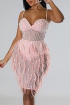 Pink Sexy Patchwork Hot Drilling See-through Feathers Backless Spaghetti Strap Sleeveless Dress Dresses