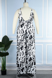 Black And White Sexy Casual Print Backless V Neck Plus Size Jumpsuits