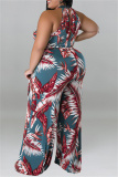 Red Fashion Casual Print Patchwork O Neck Plus Size Jumpsuits