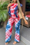 Red Blue Casual Print Tie Dye Patchwork O Neck Two Pieces