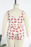 White Sexy Casual Lips Printed Basic U Neck Plus Size Two Pieces