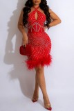 Red Sexy Patchwork Hot Drilling Hollowed Out Backless Halter Sleeveless Dress Dresses