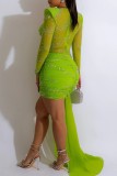 Green Sexy Patchwork Hot Drilling Hollowed Out See-through V Neck Wrapped Skirt Dresses