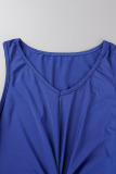 Deep Blue Casual Solid Patchwork Fold V Neck Pencil Skirt Dresses