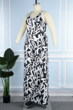 Black And White Sexy Casual Print Backless V Neck Plus Size Jumpsuits