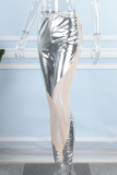 Silver Sexy Casual Patchwork Contrast Skinny Mid Waist Pencil Patchwork Trousers
