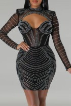 Black Sexy Patchwork Hot Drilling Hollowed Out See-through Half A Turtleneck Long Sleeve Dresses