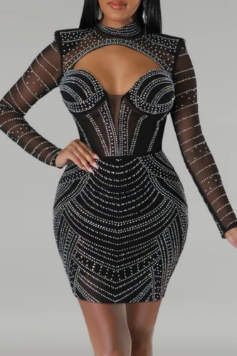Black Sexy Patchwork Hot Drilling Hollowed Out See-through Half A Turtleneck Long Sleeve Dresses