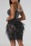Black Sexy Patchwork Hot Drilling See-through Feathers Backless Spaghetti Strap Sleeveless Dress Dresses