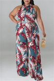 Red Fashion Casual Print Patchwork O Neck Plus Size Jumpsuits