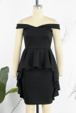 Black Casual Elegant Solid Patchwork Off the Shoulder One Step Skirt Dresses