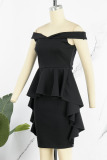 Black Casual Elegant Solid Patchwork Off the Shoulder One Step Skirt Dresses