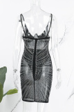 Black Sexy Patchwork Hot Drilling See-through Backless Spaghetti Strap Sleeveless Dress Dresses