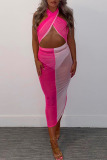 Pink Sexy Solid Patchwork See-through Halter Pencil Skirt Dresses