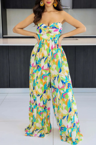 Yellow Blue Sexy Print Patchwork Fold Strapless Straight Jumpsuits