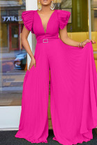 Rose Red Elegant Solid Patchwork Fold With Belt V Neck Straight Jumpsuits